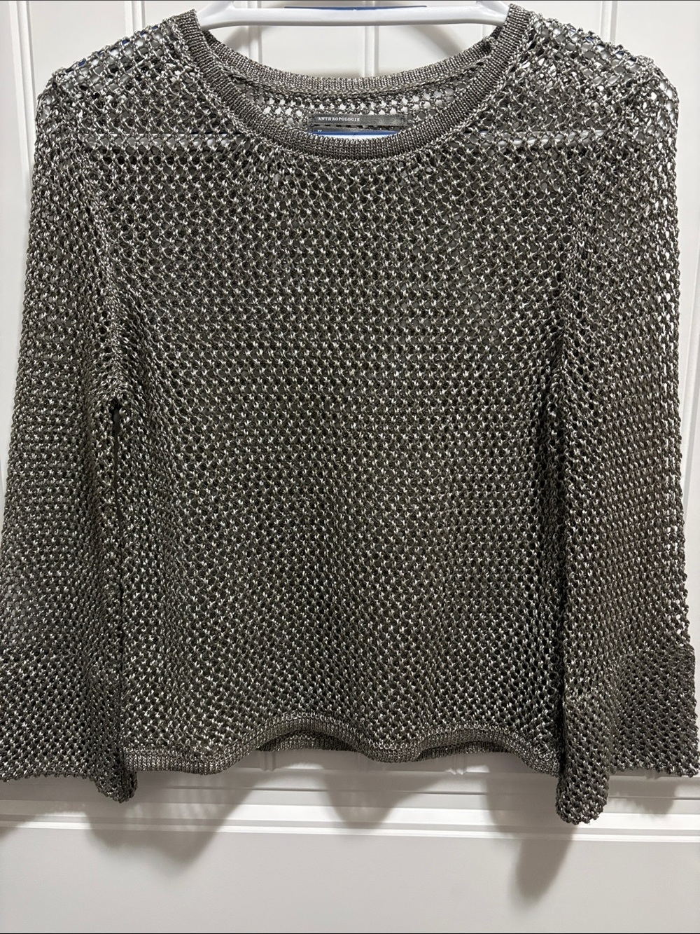 Anthropologie XS Metallic Silver Open Knit Sweater Cropped Pullover